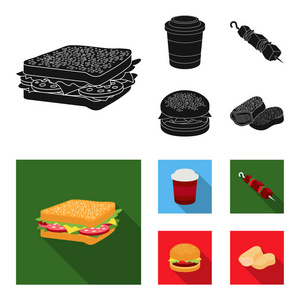 三明治, 咖啡, 羊肉串烤肉串, 汉堡。快餐集图标黑色, 平面式矢量符号股票插画网站