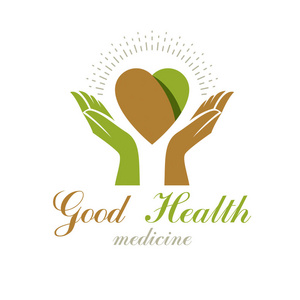 呵护双手矢量的心形状组成绿色的树叶与呵护的双手.