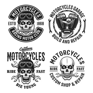 摩托车设置矢量标志标签或徽章