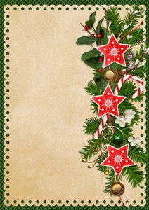 圣诞贺卡与松枝，圣诞的钟声，星星和浆果枝花环