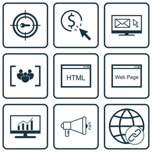 9 广告图标集。可用于 Web 移动 Ui 和数据图表设计。包括元素等配套，通讯 目标和更多