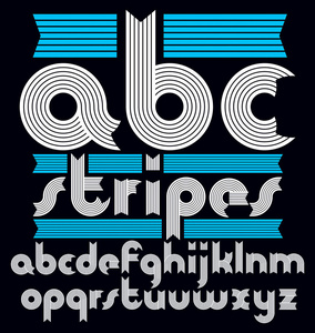 矢量时髦的现代小写字母集合。经典的粗体圆形字体, 从 a 到 z 的脚本可用于徽标创建。条纹装饰制作