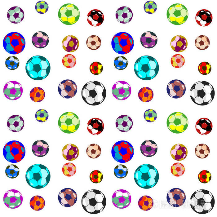 无缝模式。足球是由球组成的。不同的大小和鲜艳的颜色