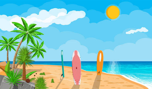 沙滩冲浪板上的棕榈树景观图片