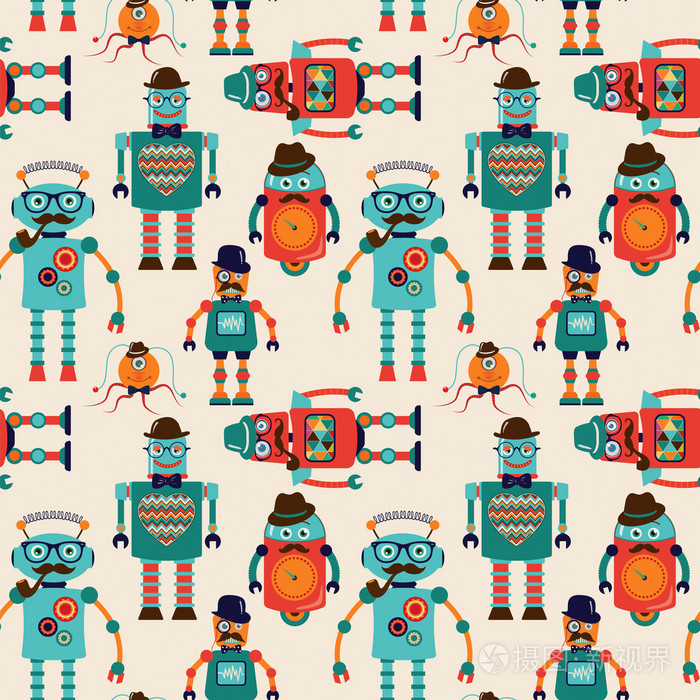无缝图案背景与可爱时髦机器人插画-正版商用图片0fmgza-摄图新视界