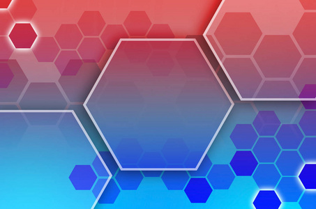 抽象的技术背景由一套六边形和其他几何形状在蓝色和红色颜色