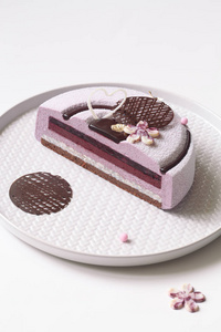 当代蓝莓紫慕斯蛋糕覆盖天鹅绒喷雾和装饰的巧克力元素, 在白色的背景