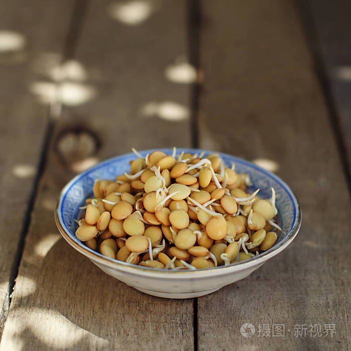 新鲜的扁豆豆芽在盘子里.素食主义者和未加工的食物