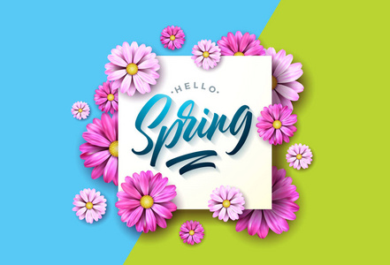 你好春天自然插图以美丽的五颜六色的花在绿色和蓝色背景。带有版式字母的矢量花卉设计模板