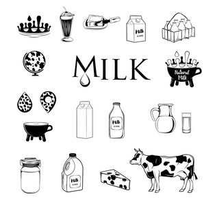 牛奶乳制品的图标设置。奶牛, 牛奶壶, 杯子, 奶昔。矢量插图