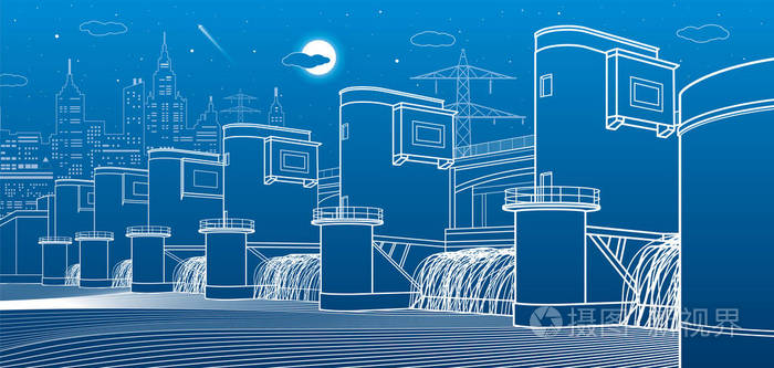 能源站.城市基础设施工业例证.蓝色背景上的白色线条.矢量设计艺术