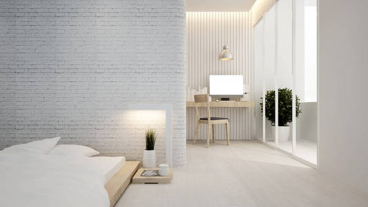 酒店或公寓的卧室和工作场所室内设计3d 渲染
