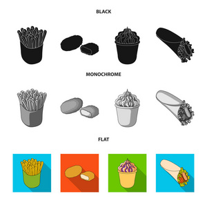 食品点心小吃等网页图标以黑色平单色的风格。包装, 纸, 土豆图标集合收集