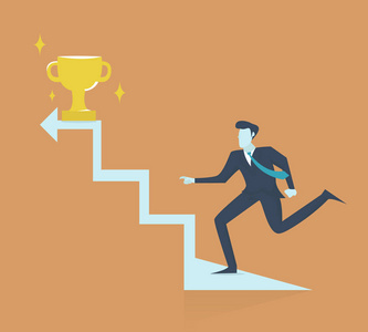 成功的商人走楼梯到金灿灿的奖杯,作为 sym照片