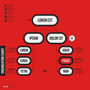 组织结构图模板与明亮的红色背景上的几何元素。用于科学和商业的演示文稿