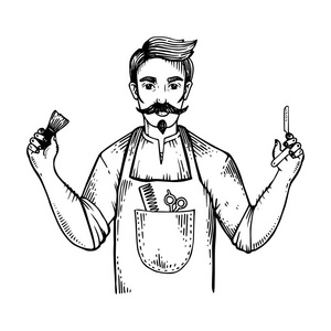 理发插画复古理发师雕刻矢量插画照片