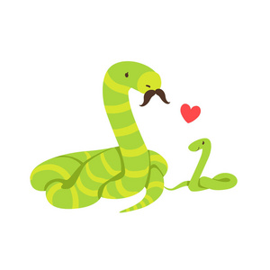 蛇爸爸与胡子动物父和其婴儿小腿父母主题色彩丰富的插画与卡通动物群