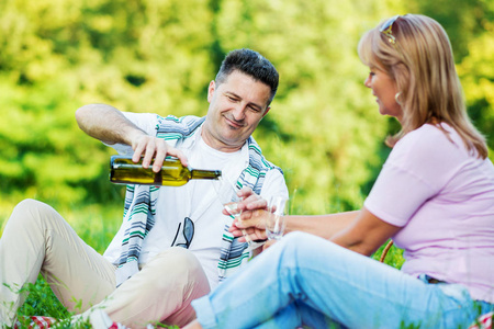 对夫妇享受野餐的白葡萄酒