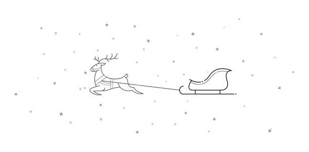 新的一年。圣诞节。圣诞节。在鹿群和雪橇飞过天空。卡通。轮廓。隔离。股票矢量