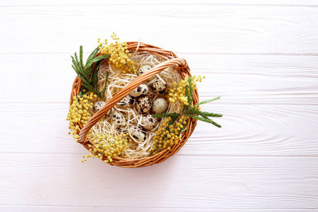 复活节彩蛋在一个篮子与树枝的含羞草在白色的背景
