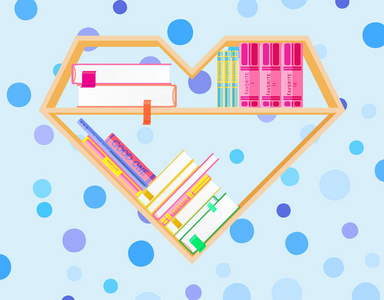 书架心形的五颜六色的书。读书俱乐部。我喜欢书。家庭图书馆以文学, 媒介例证