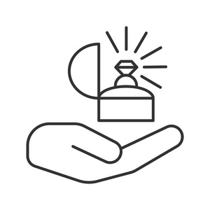 手拿戒指在箱子里.细线插图.订婚.轮廓符号.矢量隔离轮廓图照片