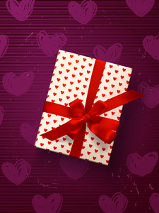 矢量礼品盒，弓和丝带红色背景上。情人节贺卡