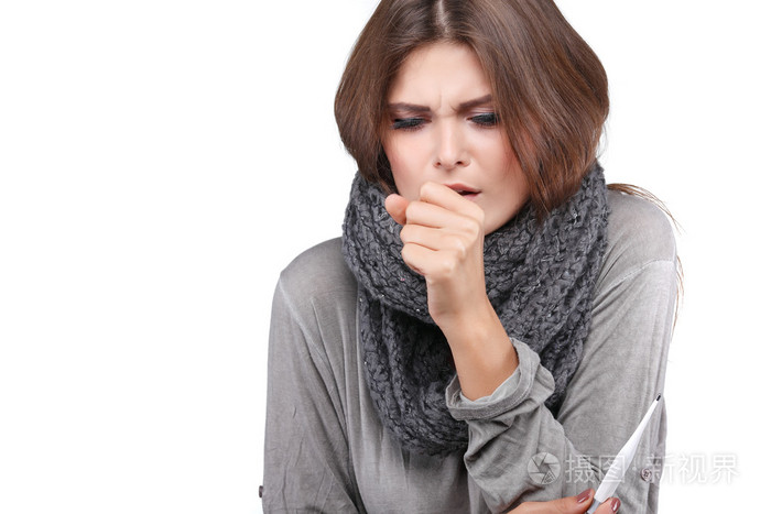 女人以她感觉不舒服,发烧,孤立在白色背景上的温度花言巧语