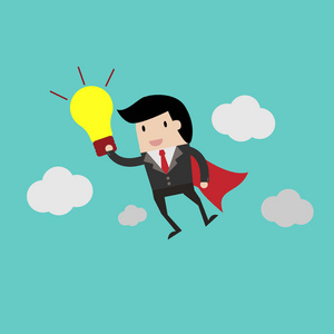 投资理念,卡通商人与灯泡在他的手中拯救的的想法.