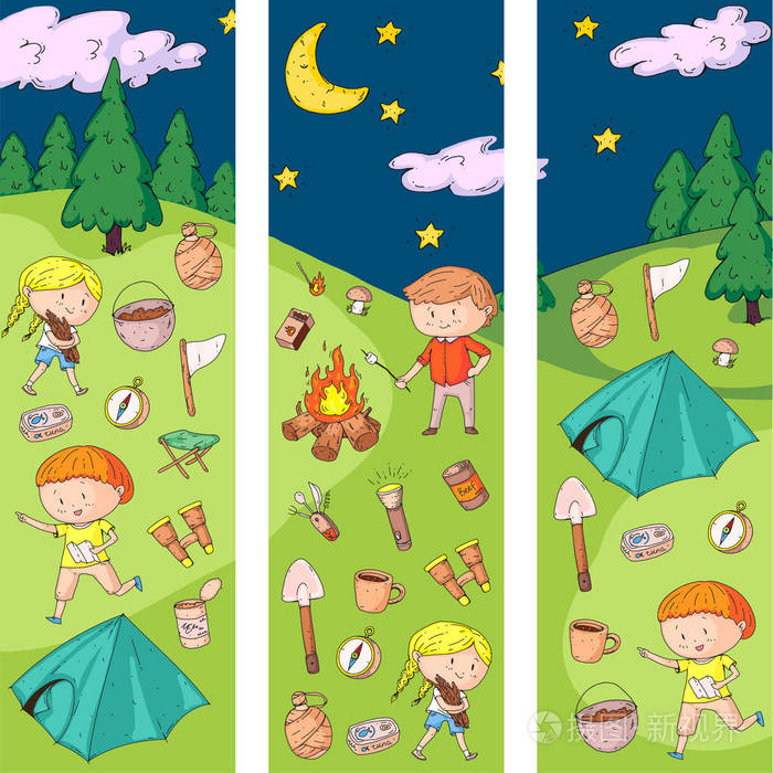 夏令营.侦察, 探险, 徒步旅行, 探险.学校和幼儿园的孩子.儿童图画.