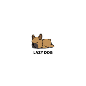 懒狗, 可爱的褐色法国斗牛犬小狗睡眠图标, 标志设计, 矢量插图