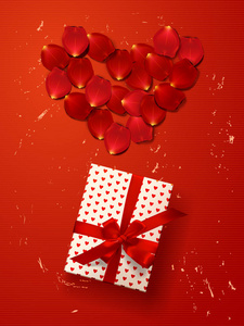 矢量礼品盒，弓和丝带红色背景上。情人节贺卡