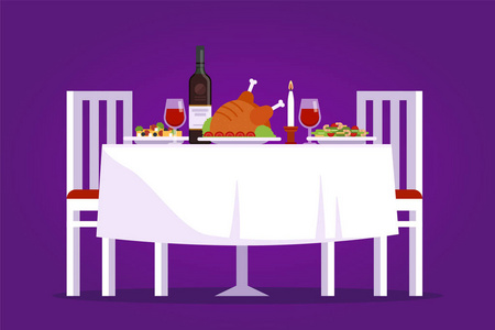 餐桌上有可口的菜肴和两把椅子矢量平插图。浪漫晚餐在餐馆概念在紫色背景下