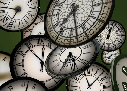 3d 在抽象空间中漂浮的时钟在背景上向前移动照片