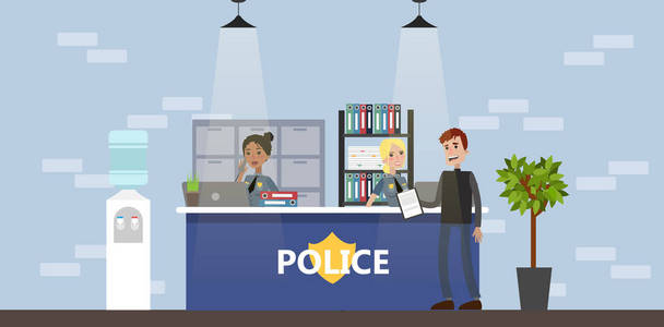 派出所署平风格的建筑派出所建设与警察的卡通品格领导者 grunge 圆形