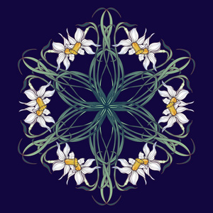 春天的花朵。水仙花花在深蓝色背景上交错成一个错综复杂的圆形装饰品。艺术风格的绘画。曼陀罗纹身设计