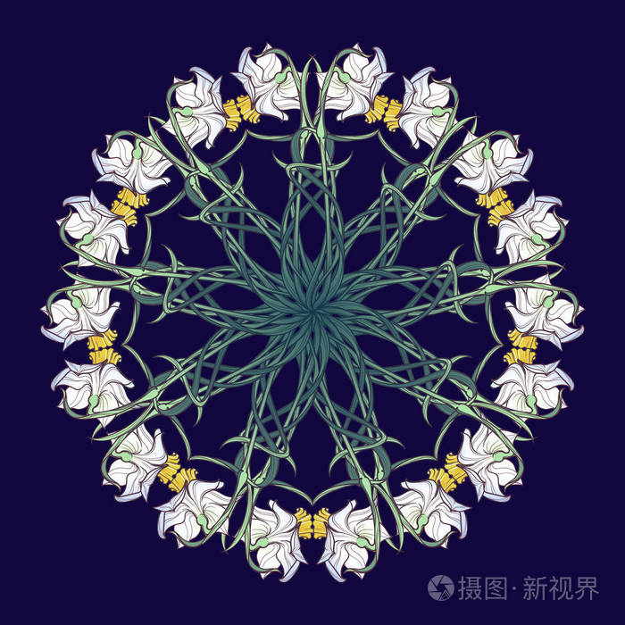 水仙花花在深蓝色背景上交错成一个错综复杂的圆形装饰品.