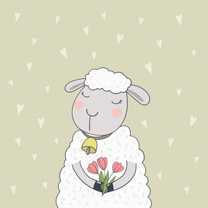 可爱的卡通小羊羔红色郁金香图片