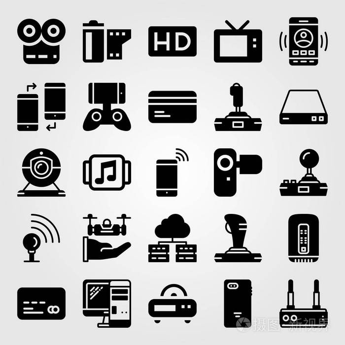 技术图标集向量。电影播放器, 电视, 收音机和个人计算机