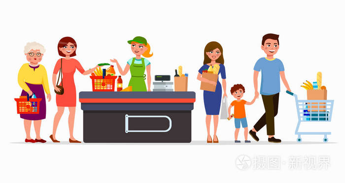 商场里的男人和女人.家庭在商店与篮子和卡通袋矢量平插图