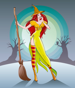 漂亮可爱的女巫站拿着扫帚在万圣节前夕矢量照片