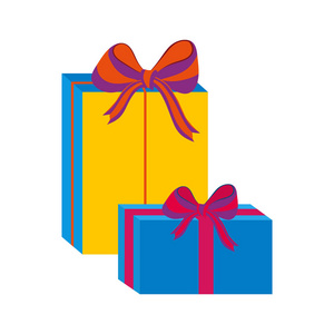 成立的不同彩色包装的礼品盒。平面设计。蝴蝶结的漂亮的礼物。符号和圣诞礼品盒的图标。孤立的矢量图