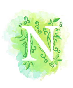 水彩信书法水彩背景上。自然元素叶子卷发设计 web 海报版式 N 元素
