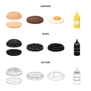 汉堡和配料卡通, 黑色, 轮廓图标在集集合为设计。汉堡烹饪矢量符号股票网页插图