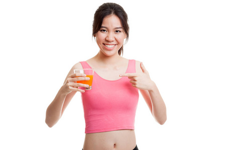 亚洲健康美女指向橙汁