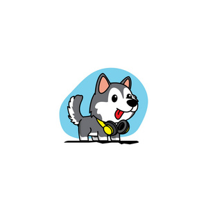 可爱的西伯利亚沙哑小狗与黄色耳机图标, 标志设计, 矢量插图