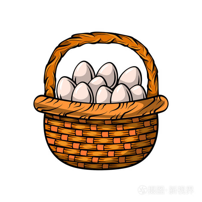 编织篮与复活节彩蛋, 装饰元素, 卡通矢量插图