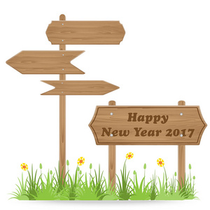 快乐新的一年 2017年文本上木制的路标