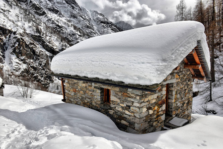 屋顶的积雪的小屋 cowred