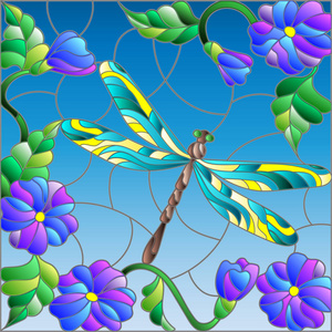 对天空 叶子和花朵明亮蜻蜓彩色玻璃风格的插图